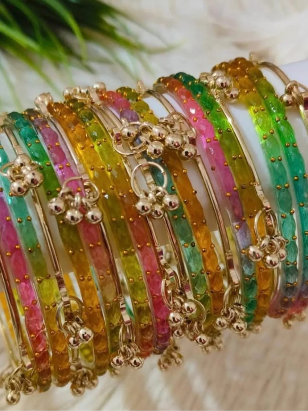Colorful Sparkle Gold-Tone Stackable Bangles - Multi-Color - Picture 5 of 5